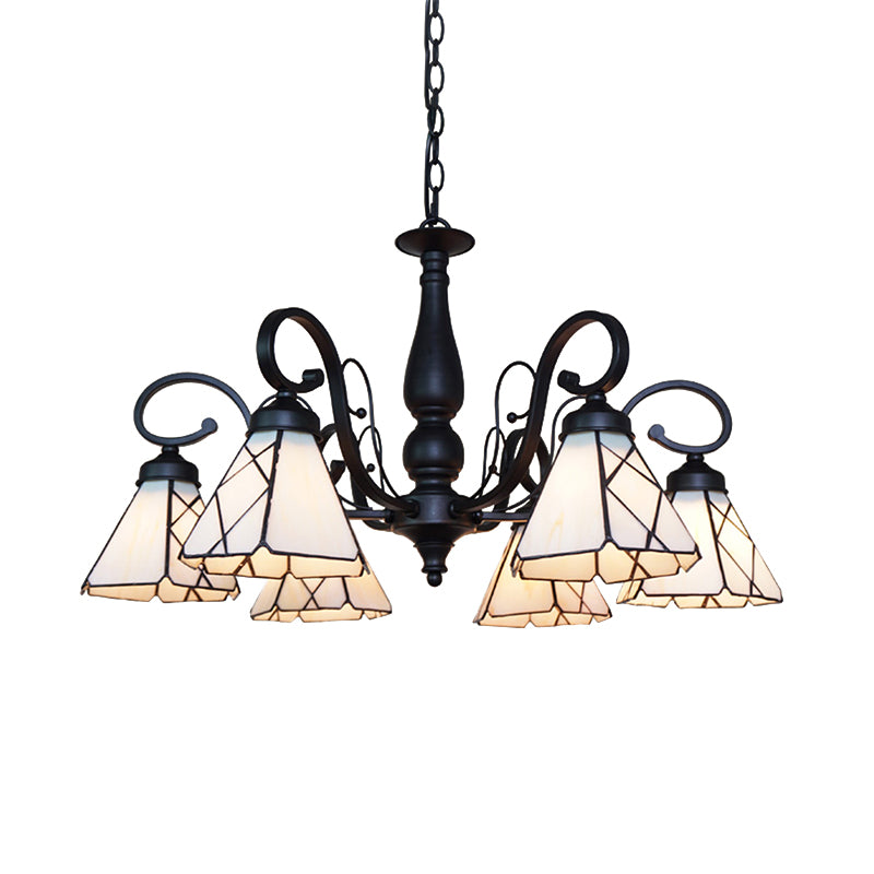 Multi Light Cone Chandelier Light with Rhombus/Leaf Pattern Beige Glass Vintage Indoor Lighting for Living Room Clearhalo 'Ceiling Lights' 'Chandeliers' 'Industrial' 'Middle Century Chandeliers' 'Tiffany Chandeliers' 'Tiffany close to ceiling' 'Tiffany' Lighting' 175787