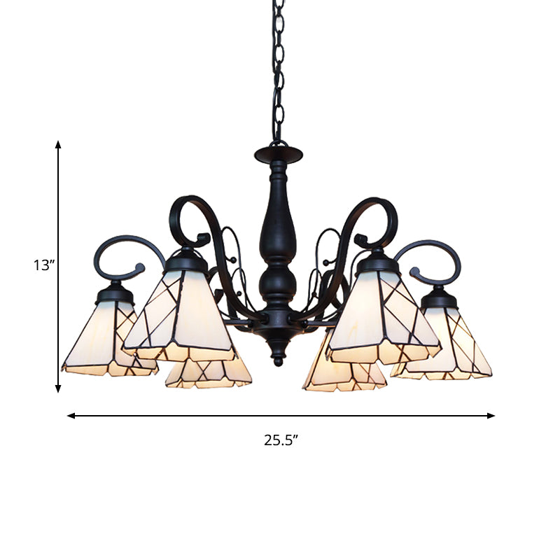 Multi Light Cone Chandelier Light with Rhombus/Leaf Pattern Beige Glass Vintage Indoor Lighting for Living Room Clearhalo 'Ceiling Lights' 'Chandeliers' 'Industrial' 'Middle Century Chandeliers' 'Tiffany Chandeliers' 'Tiffany close to ceiling' 'Tiffany' Lighting' 175788