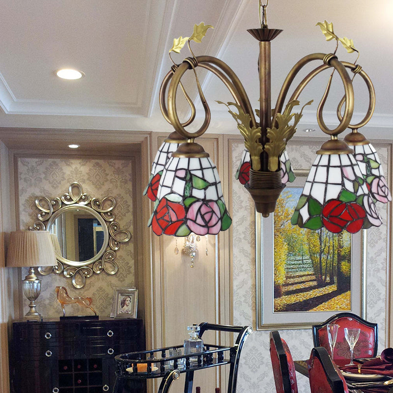 Rose Hanging Light with Adjustable Chain 5 Lights Stained Glass Rustic Chandelier Lamp in Red Red Clearhalo 'Ceiling Lights' 'Chandeliers' 'Industrial' 'Middle Century Chandeliers' 'Tiffany Chandeliers' 'Tiffany close to ceiling' 'Tiffany' Lighting' 175789