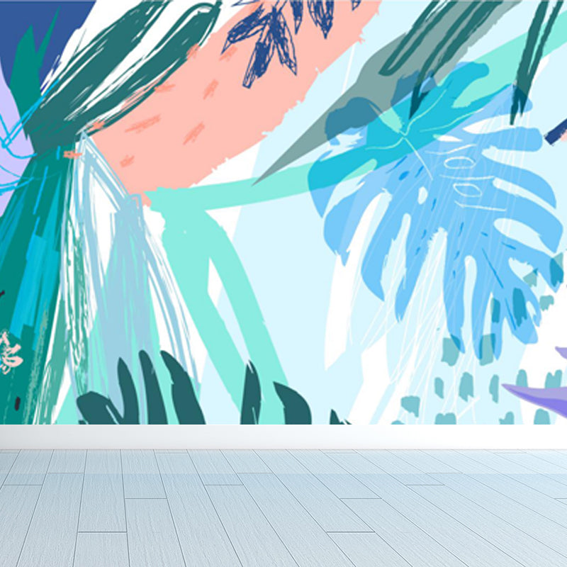 Stain-Proof Leaves Wall Mural Tropical Non-Woven Fabric Wall Art, Made to Measure Blue Clearhalo 'Wall Decor' 'Wall Mural' 1757910