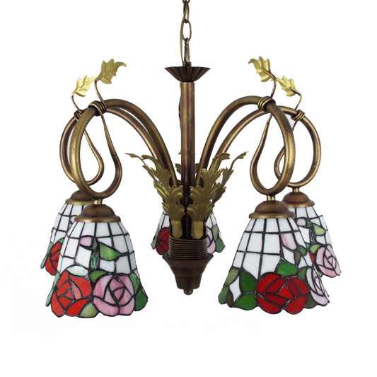Rose Hanging Light with Adjustable Chain 5 Lights Stained Glass Rustic Chandelier Lamp in Red Clearhalo 'Ceiling Lights' 'Chandeliers' 'Industrial' 'Middle Century Chandeliers' 'Tiffany Chandeliers' 'Tiffany close to ceiling' 'Tiffany' Lighting' 175791