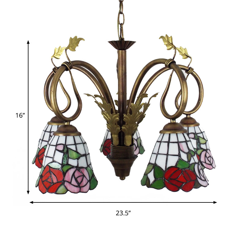 Rose Hanging Light with Adjustable Chain 5 Lights Stained Glass Rustic Chandelier Lamp in Red Clearhalo 'Ceiling Lights' 'Chandeliers' 'Industrial' 'Middle Century Chandeliers' 'Tiffany Chandeliers' 'Tiffany close to ceiling' 'Tiffany' Lighting' 175792