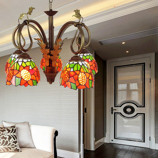 Orange Glass Sunflower Pendant Light with Metal Chain Adjustable 5 Lights Rustic Chandelier Light Clearhalo 'Ceiling Lights' 'Chandeliers' 'Industrial' 'Middle Century Chandeliers' 'Tiffany Chandeliers' 'Tiffany close to ceiling' 'Tiffany' Lighting' 175794