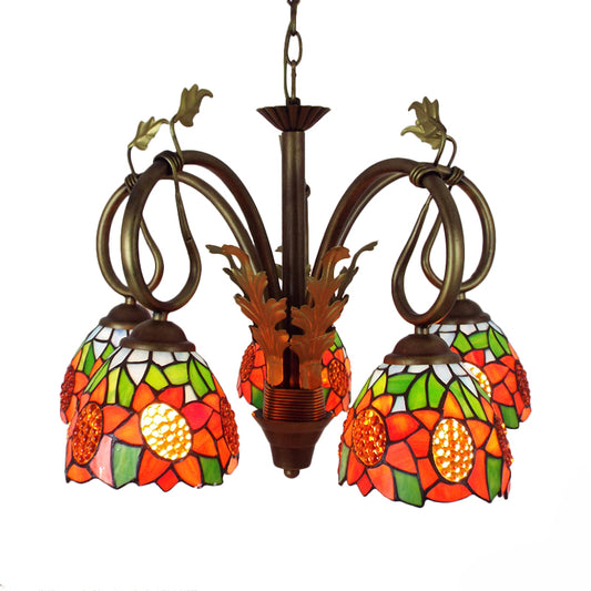 Orange Glass Sunflower Pendant Light with Metal Chain Adjustable 5 Lights Rustic Chandelier Light Clearhalo 'Ceiling Lights' 'Chandeliers' 'Industrial' 'Middle Century Chandeliers' 'Tiffany Chandeliers' 'Tiffany close to ceiling' 'Tiffany' Lighting' 175795