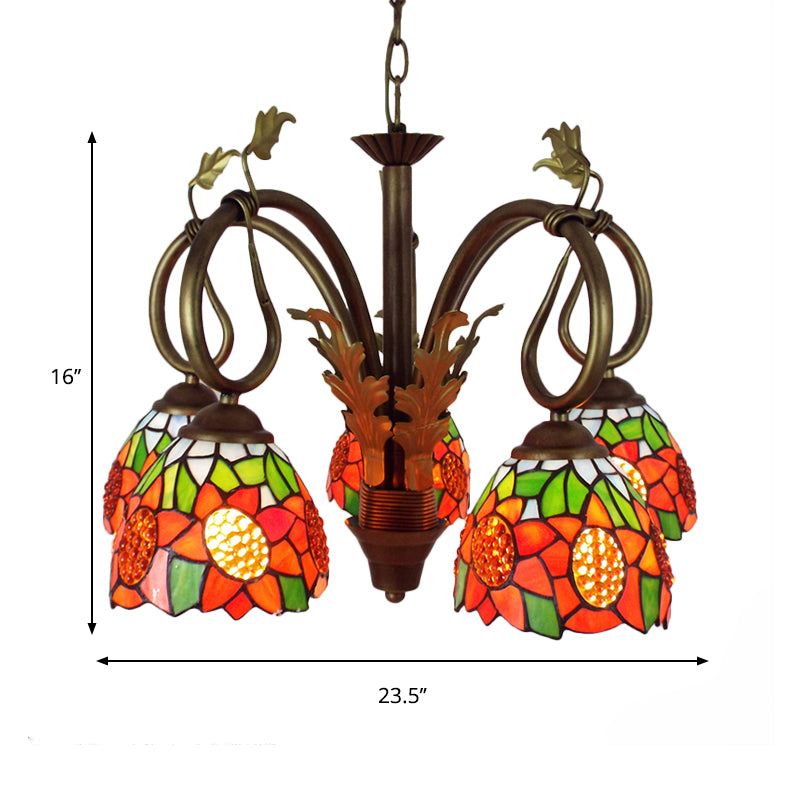 Orange Glass Sunflower Pendant Light with Metal Chain Adjustable 5 Lights Rustic Chandelier Light Clearhalo 'Ceiling Lights' 'Chandeliers' 'Industrial' 'Middle Century Chandeliers' 'Tiffany Chandeliers' 'Tiffany close to ceiling' 'Tiffany' Lighting' 175796