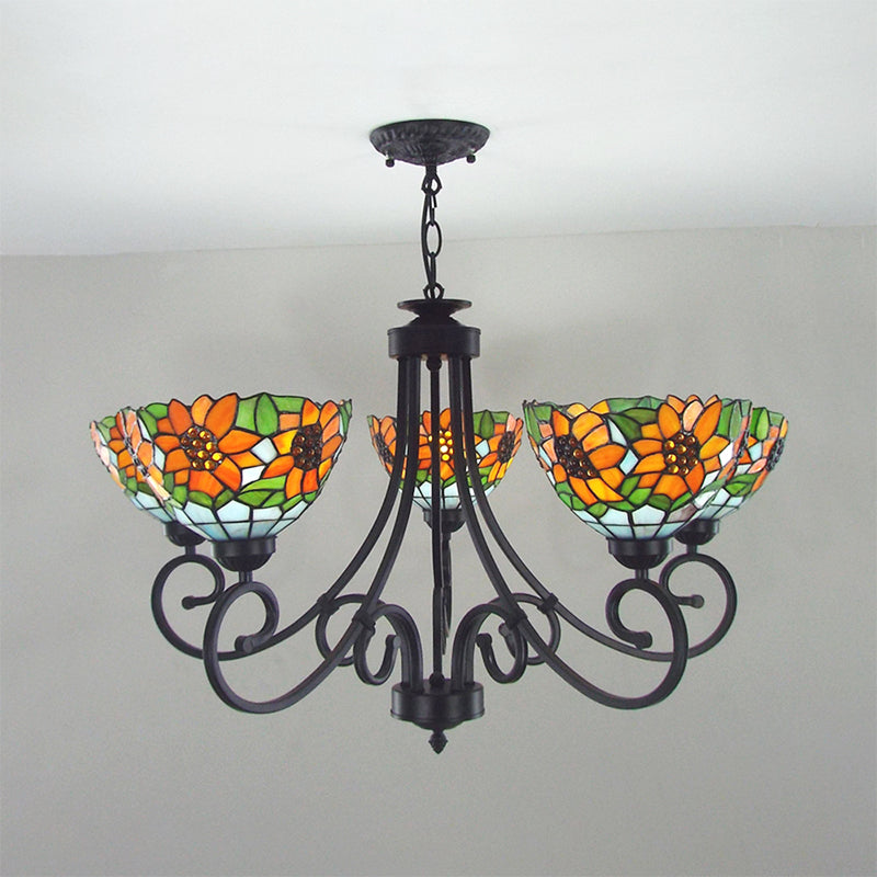 Rustic Sunflower Chandelier Light with Bowl Shade Stained Glass 5 Lights Pendant Light in Orange Clearhalo 'Ceiling Lights' 'Chandeliers' 'Industrial' 'Middle Century Chandeliers' 'Tiffany Chandeliers' 'Tiffany close to ceiling' 'Tiffany' Lighting' 175802
