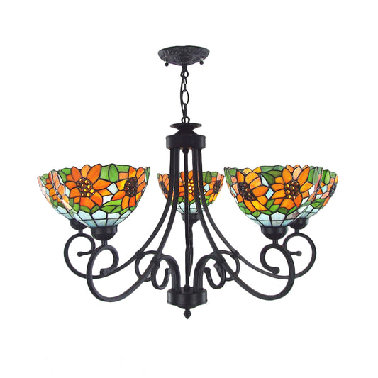 Rustic Sunflower Chandelier Light with Bowl Shade Stained Glass 5 Lights Pendant Light in Orange Clearhalo 'Ceiling Lights' 'Chandeliers' 'Industrial' 'Middle Century Chandeliers' 'Tiffany Chandeliers' 'Tiffany close to ceiling' 'Tiffany' Lighting' 175803