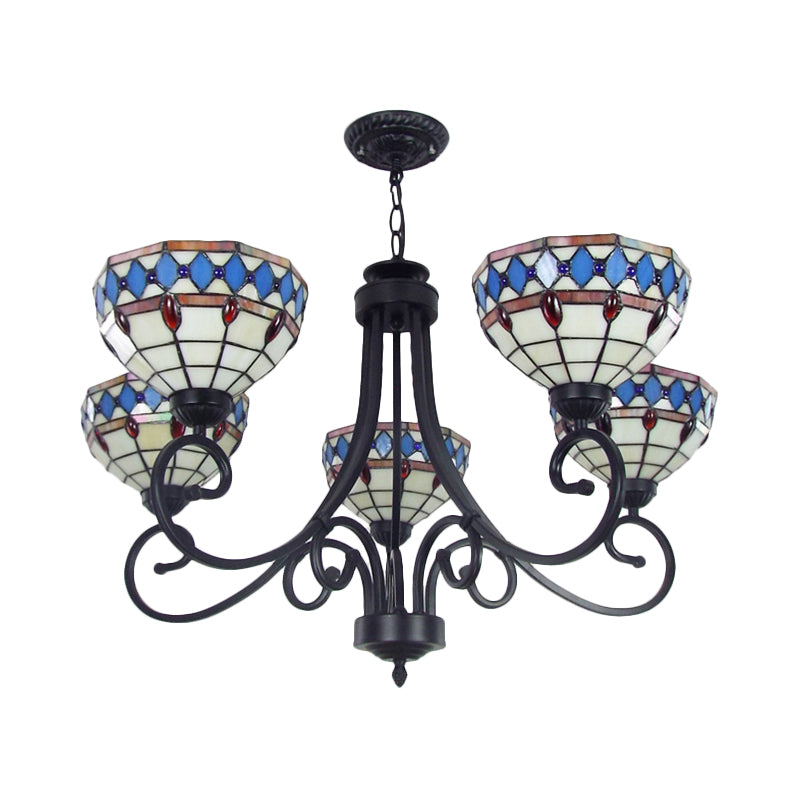 Colorful Glass Bowl Chandelier with Hanging Chain 5 Lights Baroque Pendant Light in Beige Clearhalo 'Ceiling Lights' 'Chandeliers' 'Industrial' 'Middle Century Chandeliers' 'Tiffany Chandeliers' 'Tiffany close to ceiling' 'Tiffany' Lighting' 175812