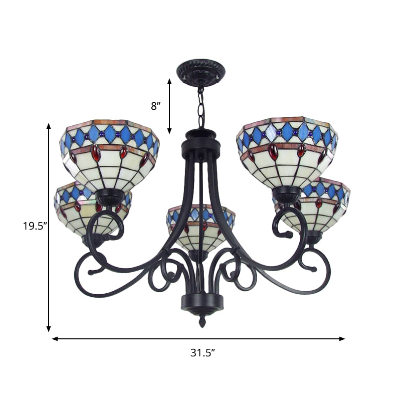 Colorful Glass Bowl Chandelier with Hanging Chain 5 Lights Baroque Pendant Light in Beige Clearhalo 'Ceiling Lights' 'Chandeliers' 'Industrial' 'Middle Century Chandeliers' 'Tiffany Chandeliers' 'Tiffany close to ceiling' 'Tiffany' Lighting' 175813