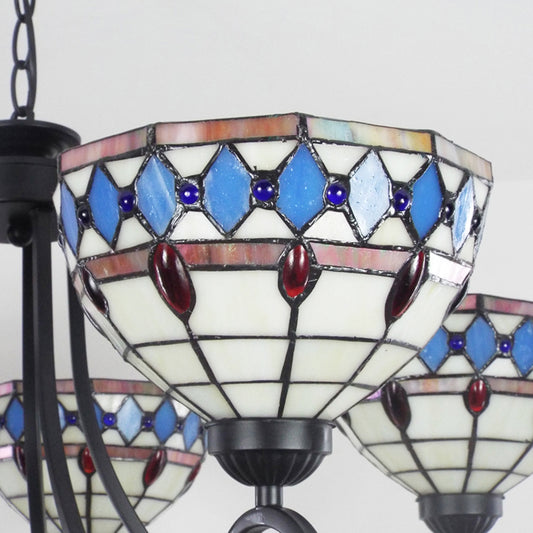 Colorful Glass Bowl Chandelier with Hanging Chain 5 Lights Baroque Pendant Light in Beige Clearhalo 'Ceiling Lights' 'Chandeliers' 'Industrial' 'Middle Century Chandeliers' 'Tiffany Chandeliers' 'Tiffany close to ceiling' 'Tiffany' Lighting' 175814