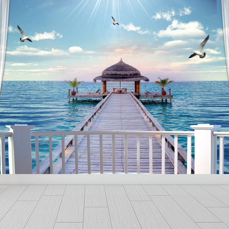 Sea Mural Wallpaper Modernist Tranquil Nature Scenery Wall Covering in Light Color White Clearhalo 'Wall Decor' 'Wall Mural' 1758205