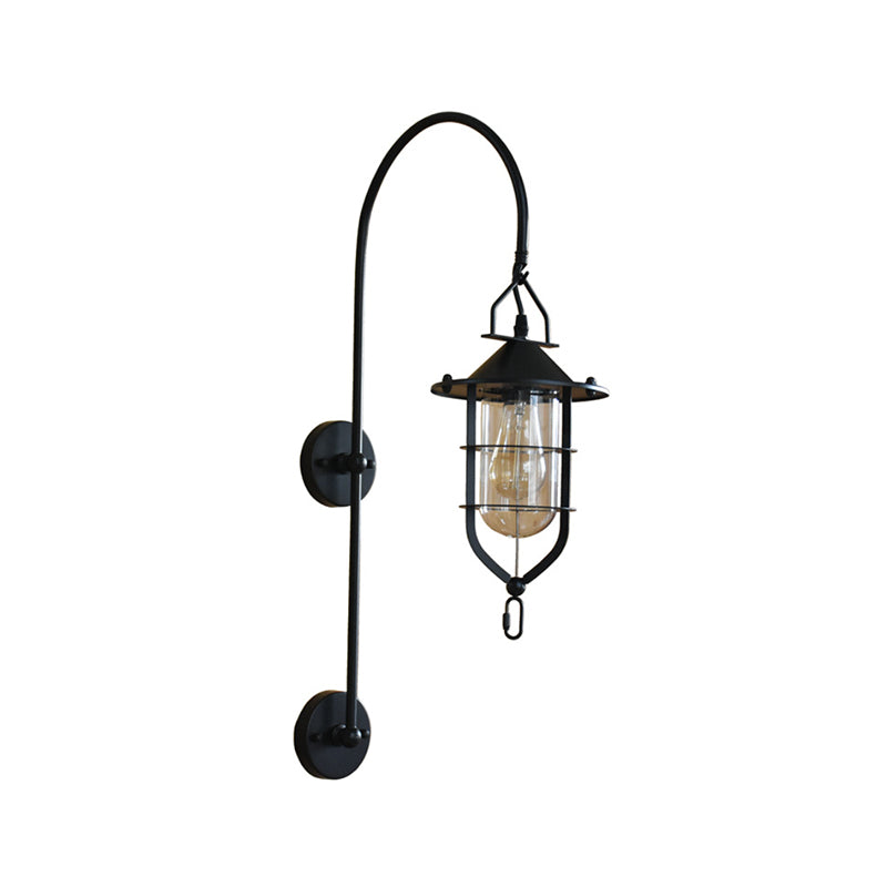Caged Living Room Wall Light Fixture Industrial Clear Glass 1 Light Black/Rust Sconce Lamp Clearhalo 'Art deco wall lights' 'Cast Iron' 'Glass' 'Industrial wall lights' 'Industrial' 'Middle century wall lights' 'Modern' 'Rustic wall lights' 'Tiffany' 'Traditional wall lights' 'Wall Lamps & Sconces' 'Wall Lights' Lighting' 175834