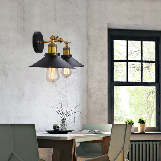 2 Heads Wall Light Industrial Stylish Conical Shade Metal Wall Sconce Lighting in Black/White for Living Room Black Clearhalo 'Cast Iron' 'Glass' 'Industrial' 'Modern wall lights' 'Modern' 'Tiffany' 'Traditional wall lights' 'Wall Lamps & Sconces' 'Wall Lights' Lighting' 175840