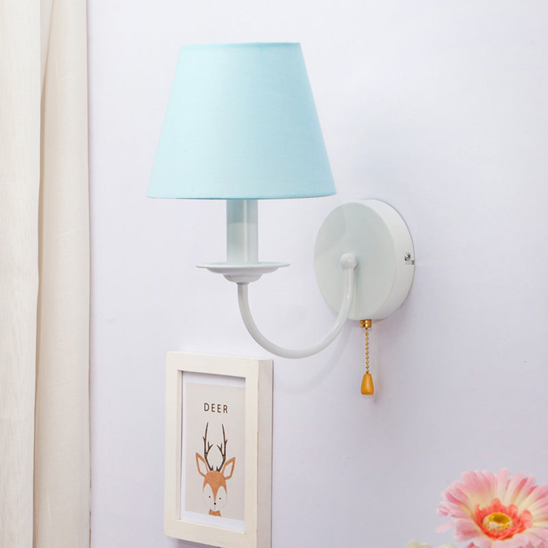 Fabric Tapered Shade Wall Light with Pull Chain Dining Room One Light Modern Sconce Light in Blue Blue Arc Clearhalo 'Wall Lamps & Sconces' 'Wall Lights' Lighting' 175875