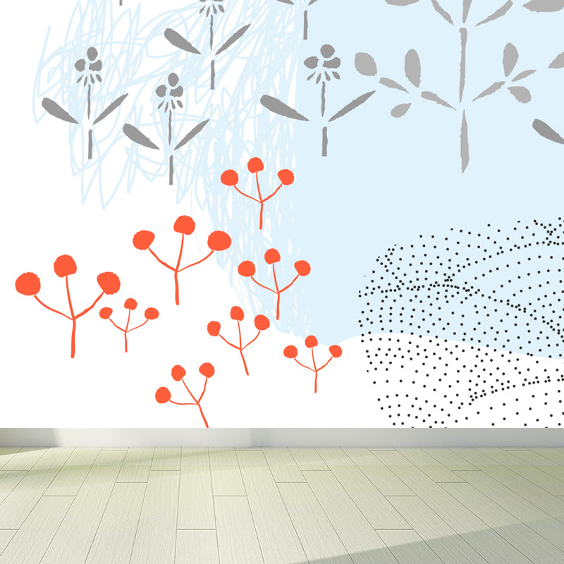 Pastel Plants Drawing Mural Decal Botanical Childrens Art Wall Decor for Nursery Blue Clearhalo 'Wall Decor' 'Wall Mural' 1758771