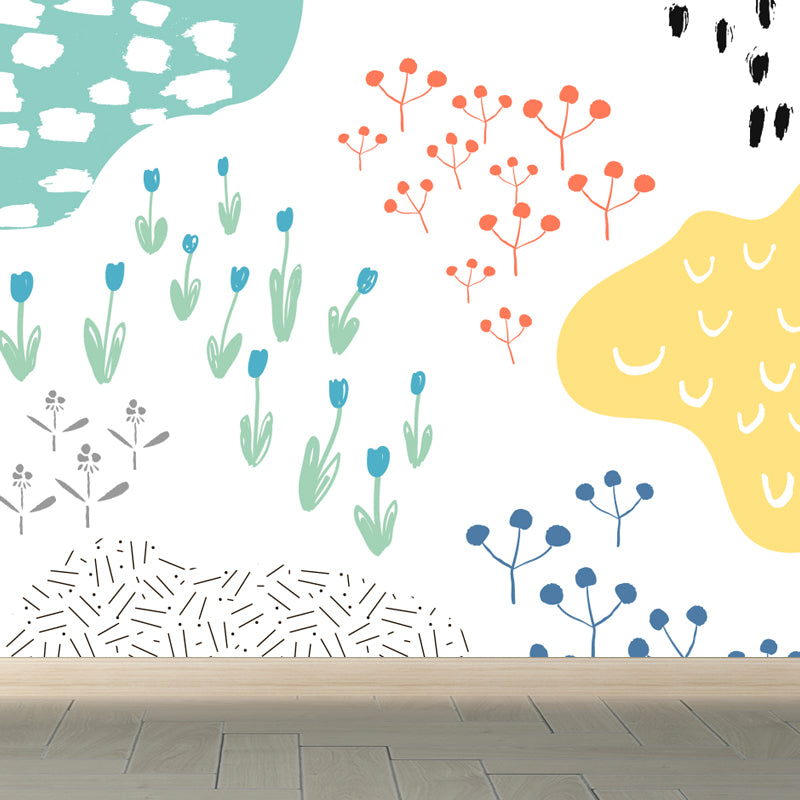 Pastel Plants Drawing Mural Decal Botanical Childrens Art Wall Decor for Nursery Yellow Clearhalo 'Wall Decor' 'Wall Mural' 1758781