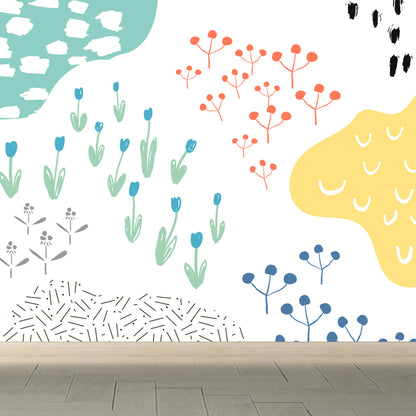 Pastel Plants Drawing Mural Decal Botanical Childrens Art Wall Decor for Nursery Yellow Clearhalo 'Wall Decor' 'Wall Mural' 1758781