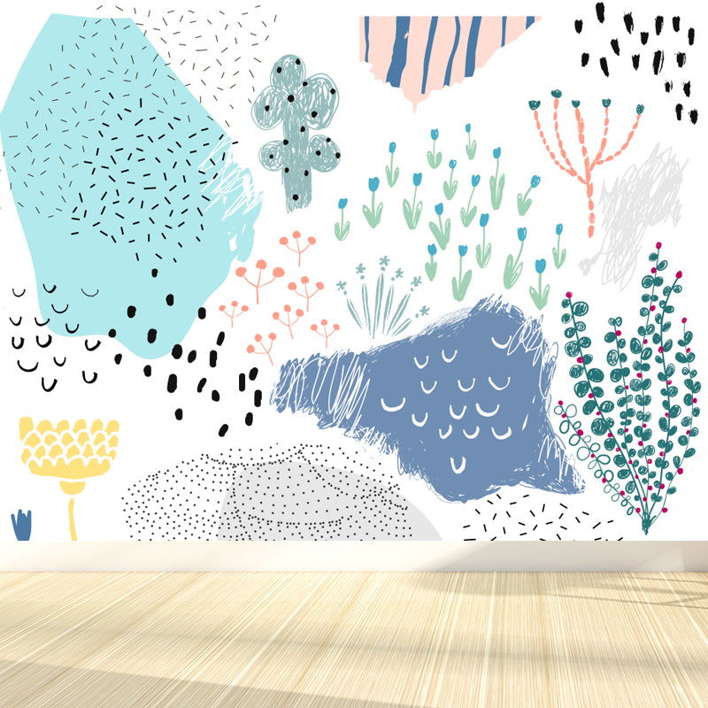 Pastel Plants Drawing Mural Decal Botanical Childrens Art Wall Decor for Nursery Grey Clearhalo 'Wall Decor' 'Wall Mural' 1758786