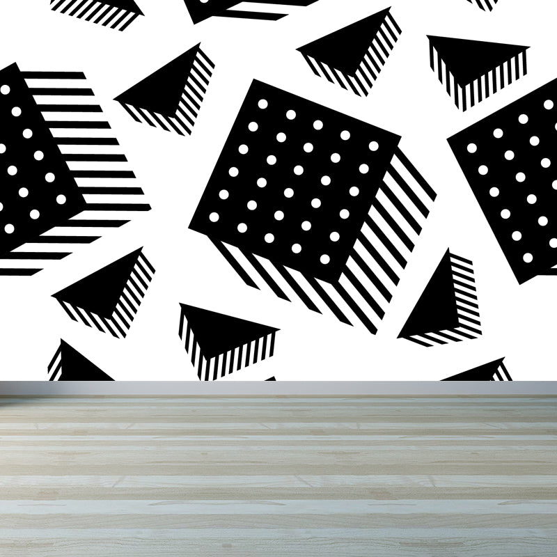 Huge Illustration Modern Wallpaper Mural with Geometrical Pattern in Black and White Black Design 2 Clearhalo 'Wall Decor' 'Wall Mural' 1759371