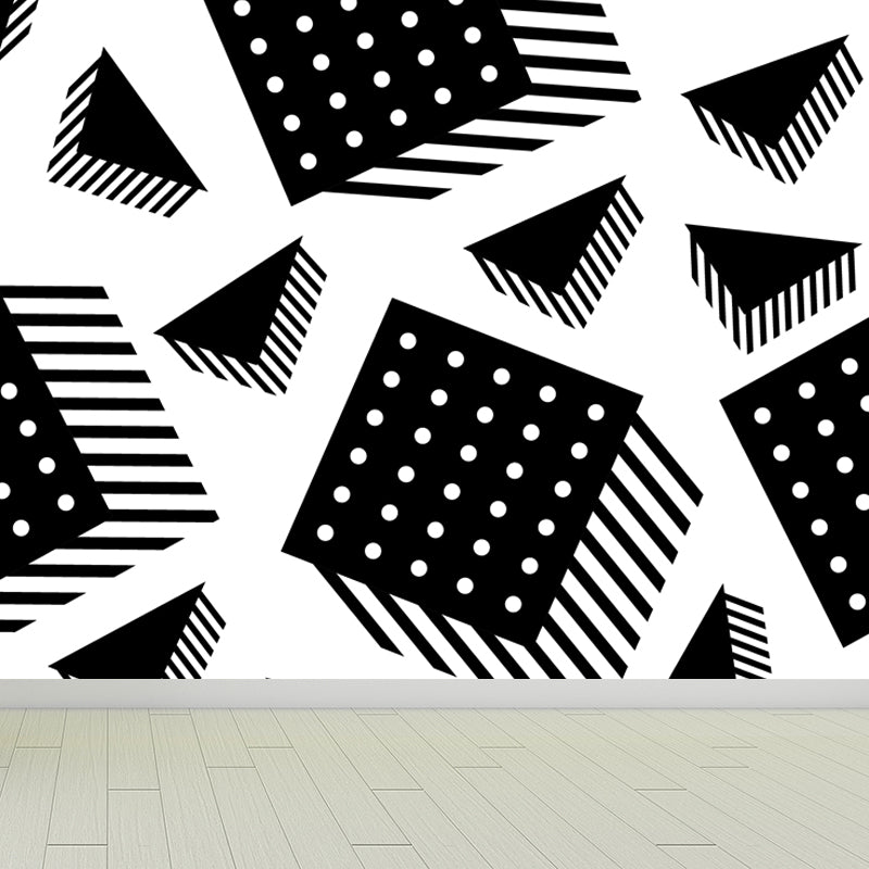 Huge Illustration Modern Wallpaper Mural with Geometrical Pattern in Black and White Clearhalo 'Wall Decor' 'Wall Mural' 1759372