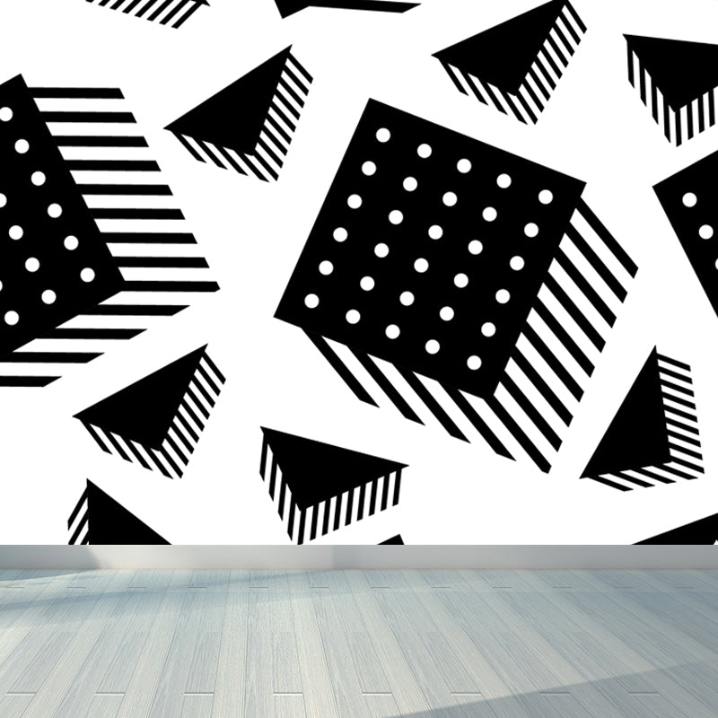 Huge Illustration Modern Wallpaper Mural with Geometrical Pattern in Black and White Clearhalo 'Wall Decor' 'Wall Mural' 1759373