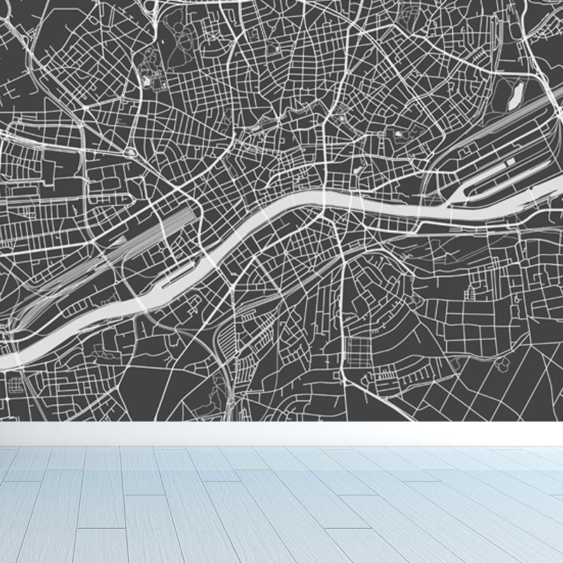 District Map Print Mural Decal Contemporary Washable Boys Bedroom Wall Decor, Customized Black Design 3 Clearhalo 'Wall Decor' 'Wall Mural' 1759401