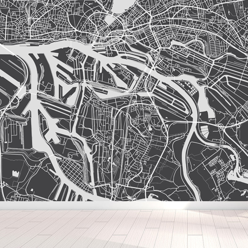 District Map Print Mural Decal Contemporary Washable Boys Bedroom Wall Decor, Customized Black Design 4 Clearhalo 'Wall Decor' 'Wall Mural' 1759406