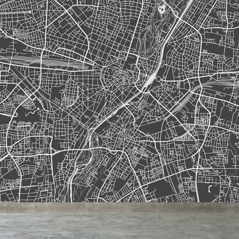 District Map Print Mural Decal Contemporary Washable Boys Bedroom Wall Decor, Customized Black Design 5 Clearhalo 'Wall Decor' 'Wall Mural' 1759411