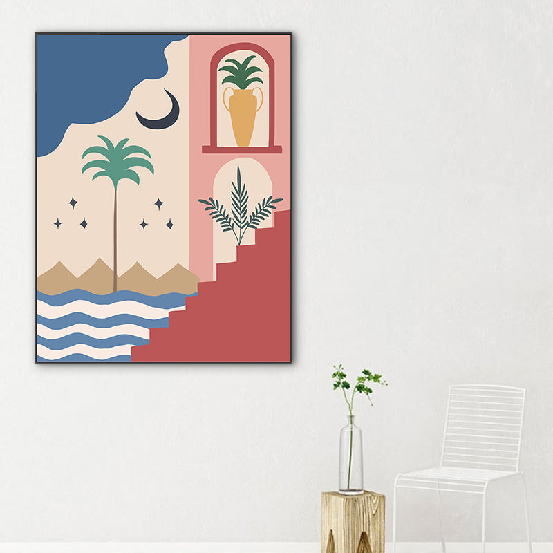 Beach at Night Wall Art Decor Living Room Scenery Canvas Print in Pink and Yellow Clearhalo 'Arts' 'Canvas Art' 1759518