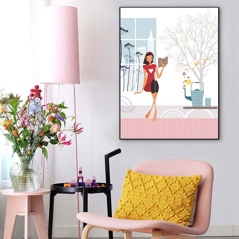 Textured Pastel Color Canvas Scandinavian Leisure Girl Wall Art Decor for Bedroom Pink Clearhalo 'Arts' 'Canvas Art' 1759521