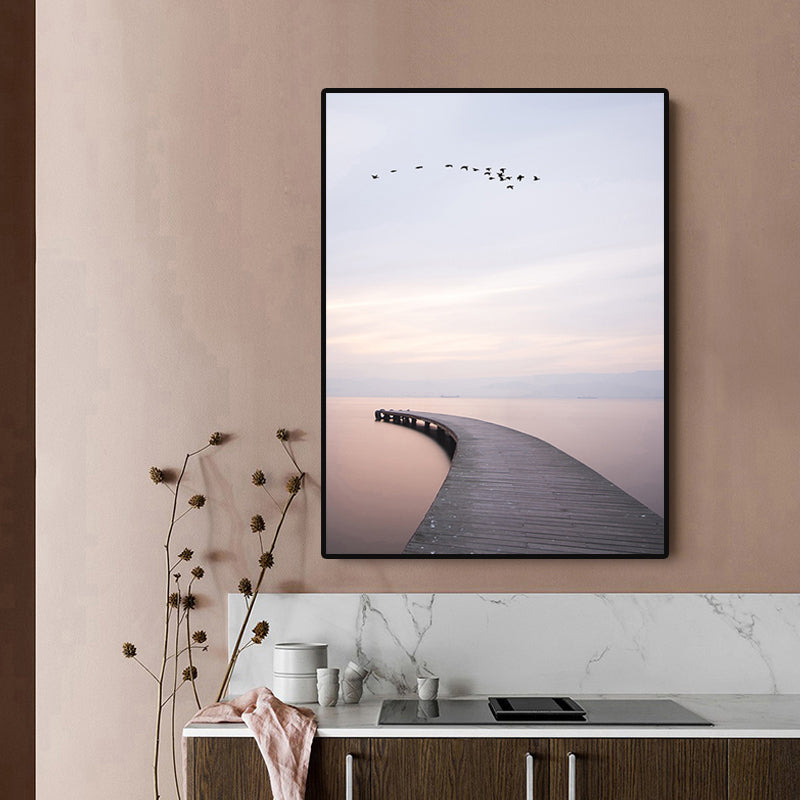 Brown Minimalist Wall Art Photo River Curved Bridge View Canvas Print for Bedroom Clearhalo 'Art Gallery' 'Canvas Art' 'Contemporary Art Gallery' 'Modern' Arts' 1759683