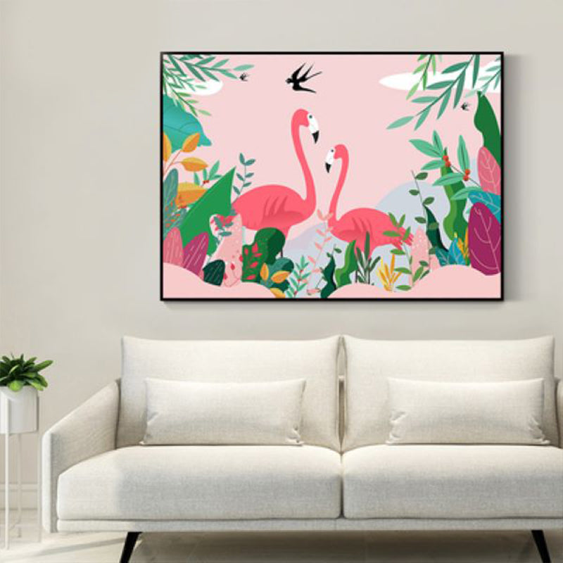 Flamingo and Plant Wall Art Tropical Textured Living Room Canvas Print in Pastel Color Pink Clearhalo 'Art Gallery' 'Canvas Art' 'Kids' Arts' 1759775