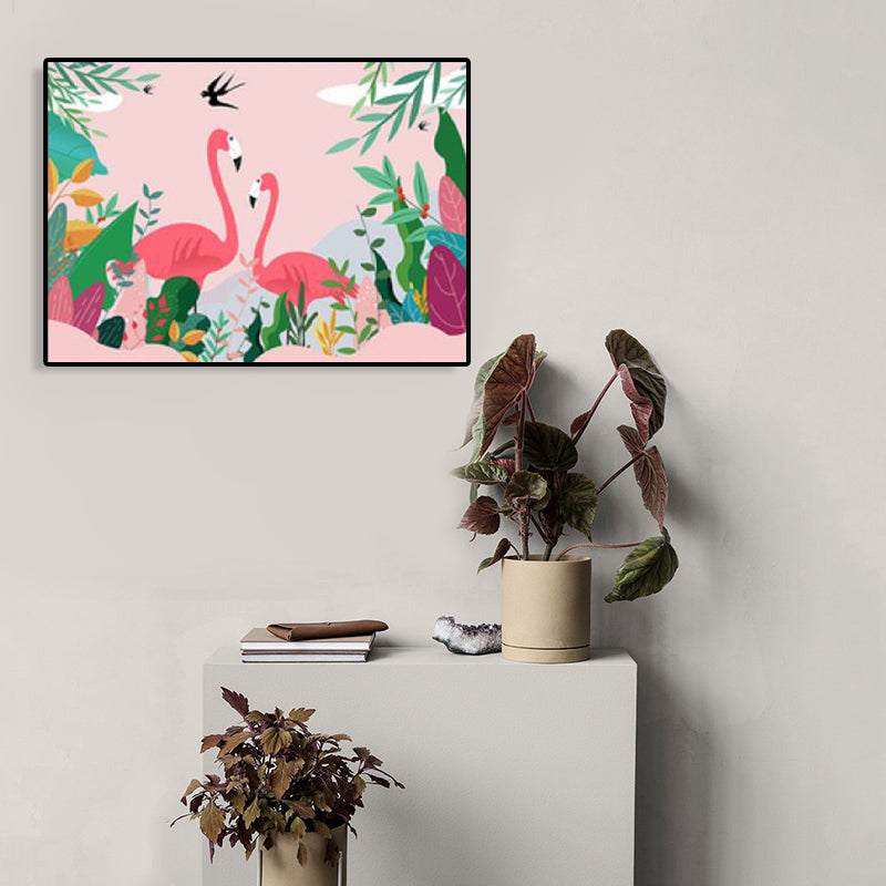 Flamingo and Plant Wall Art Tropical Textured Living Room Canvas Print in Pastel Color Clearhalo 'Art Gallery' 'Canvas Art' 'Kids' Arts' 1759776