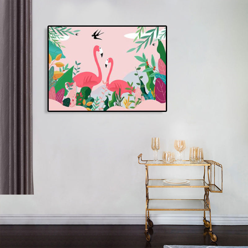 Flamingo and Plant Wall Art Tropical Textured Living Room Canvas Print in Pastel Color Clearhalo 'Art Gallery' 'Canvas Art' 'Kids' Arts' 1759777
