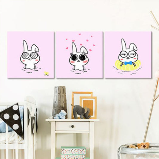 Kawaii Pet Wall Art Set Baby Room Animals Pattern Canvas Print in Soft Color, Set of 3 Pink