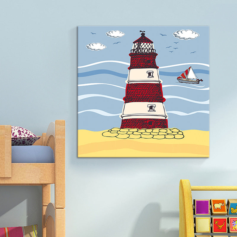 Blue Riverside Lighthouse Wall Art Architecture Kids Textured Canvas for Play Room Blue Clearhalo 'Art Gallery' 'Canvas Art' 'Kids' Arts' 1759818