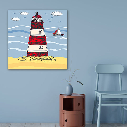 Blue Riverside Lighthouse Wall Art Architecture Kids Textured Canvas for Play Room Clearhalo 'Art Gallery' 'Canvas Art' 'Kids' Arts' 1759819