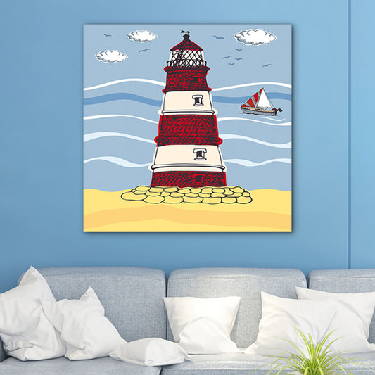 Blue Riverside Lighthouse Wall Art Architecture Kids Textured Canvas for Play Room Clearhalo 'Art Gallery' 'Canvas Art' 'Kids' Arts' 1759820