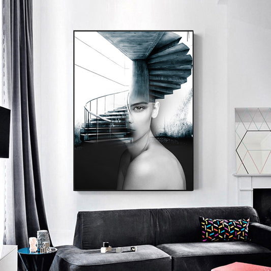 Girl and Stair Canvas Print Black Contemporary Wall Decor for Dining Room, Multiple Sizes Black Clearhalo 'Art Gallery' 'Canvas Art' 'Contemporary Art Gallery' 'Modern' Arts' 1759870