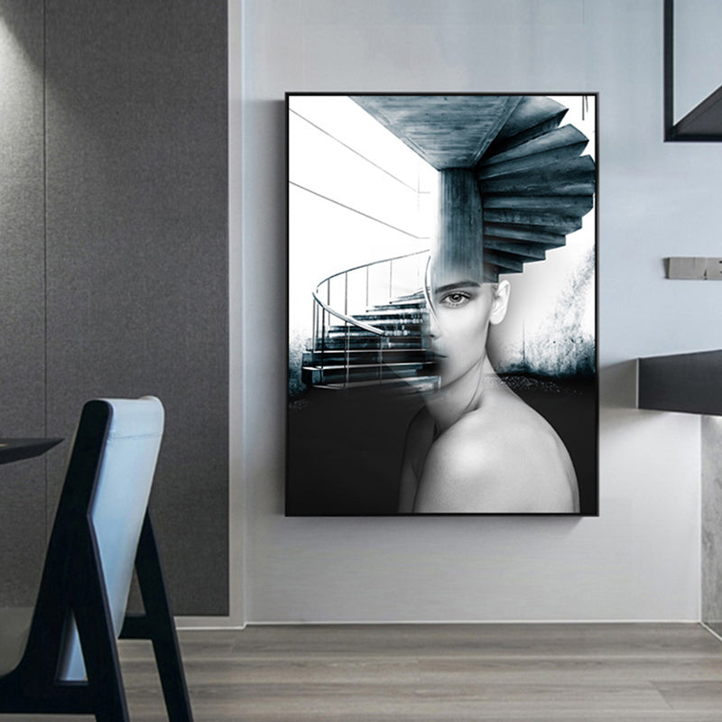 Girl and Stair Canvas Print Black Contemporary Wall Decor for Dining Room, Multiple Sizes Clearhalo 'Art Gallery' 'Canvas Art' 'Contemporary Art Gallery' 'Modern' Arts' 1759871