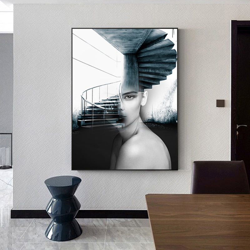 Girl and Stair Canvas Print Black Contemporary Wall Decor for Dining Room, Multiple Sizes Clearhalo 'Art Gallery' 'Canvas Art' 'Contemporary Art Gallery' 'Modern' Arts' 1759872