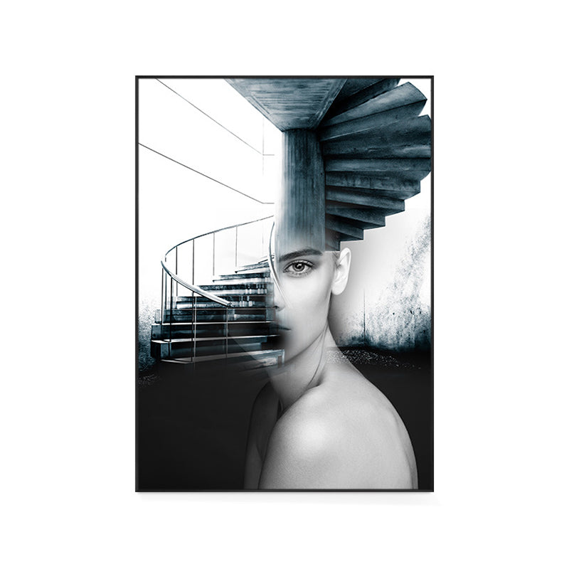 Girl and Stair Canvas Print Black Contemporary Wall Decor for Dining Room, Multiple Sizes Clearhalo 'Art Gallery' 'Canvas Art' 'Contemporary Art Gallery' 'Modern' Arts' 1759873