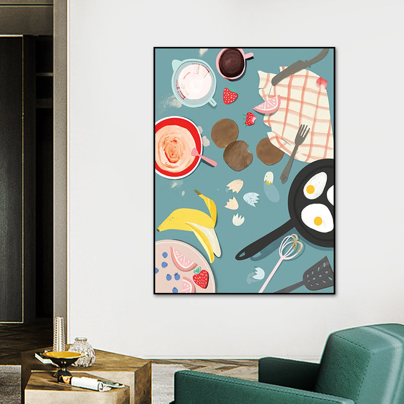 Illustration Childrens Art Canvas Print with Breakfast Pattern in Pastel Color, Textured Green Clearhalo 'Art Gallery' 'Canvas Art' 'Kids' Arts' 1759905