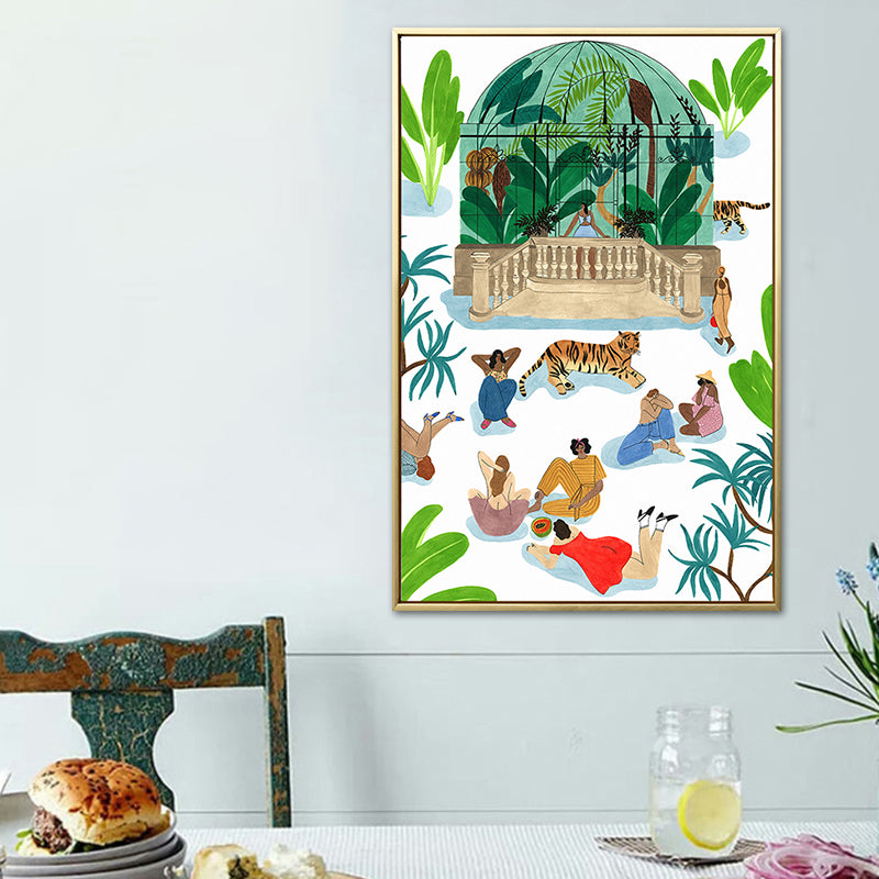 Green Figures and Tiger Painting Textured Nordic Style Dining Room Wall Art Decor Clearhalo 'Arts' 'Canvas Art' 1760130
