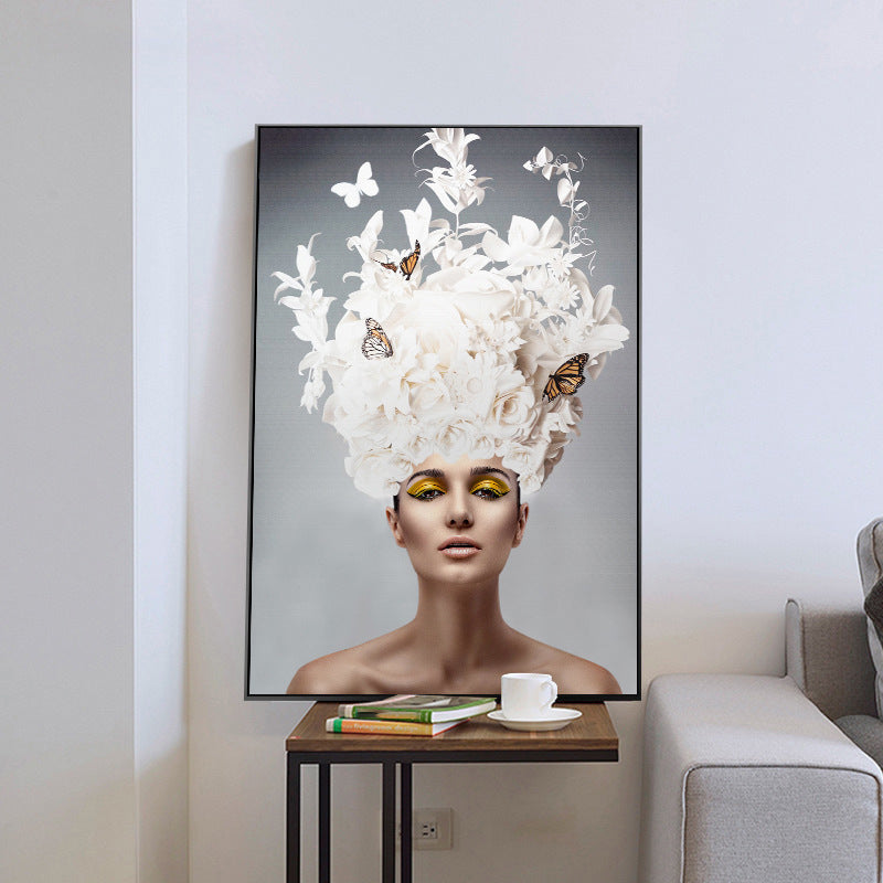 Glam Flower Hatted Maid Painting Canvas Beige Photography Wall Art Decor, Multiple Sizes Clearhalo 'Arts' 'Canvas Art' 1760449