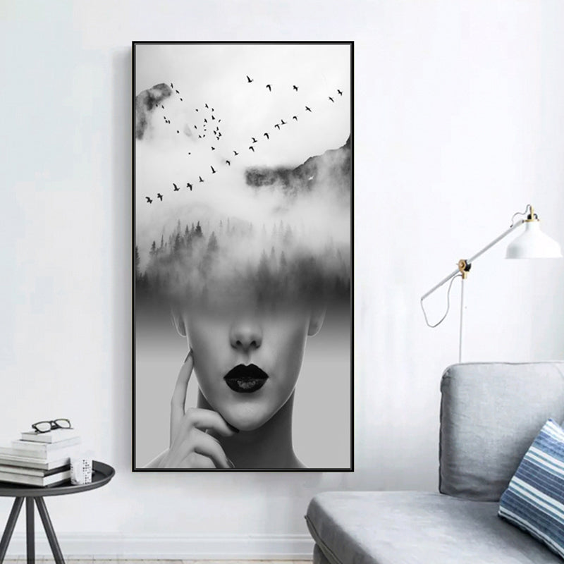 Canvas Soft Color Painting Contemporary Girl and Misty Hills Scene Wall Decor, Multiple Sizes Clearhalo 'Art Gallery' 'Canvas Art' 'Contemporary Art Gallery' 'Modern' Arts' 1760742