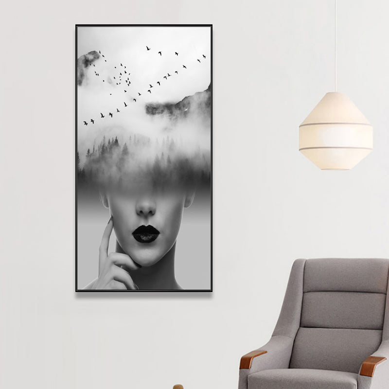Canvas Soft Color Painting Contemporary Girl and Misty Hills Scene Wall Decor, Multiple Sizes Clearhalo 'Art Gallery' 'Canvas Art' 'Contemporary Art Gallery' 'Modern' Arts' 1760743