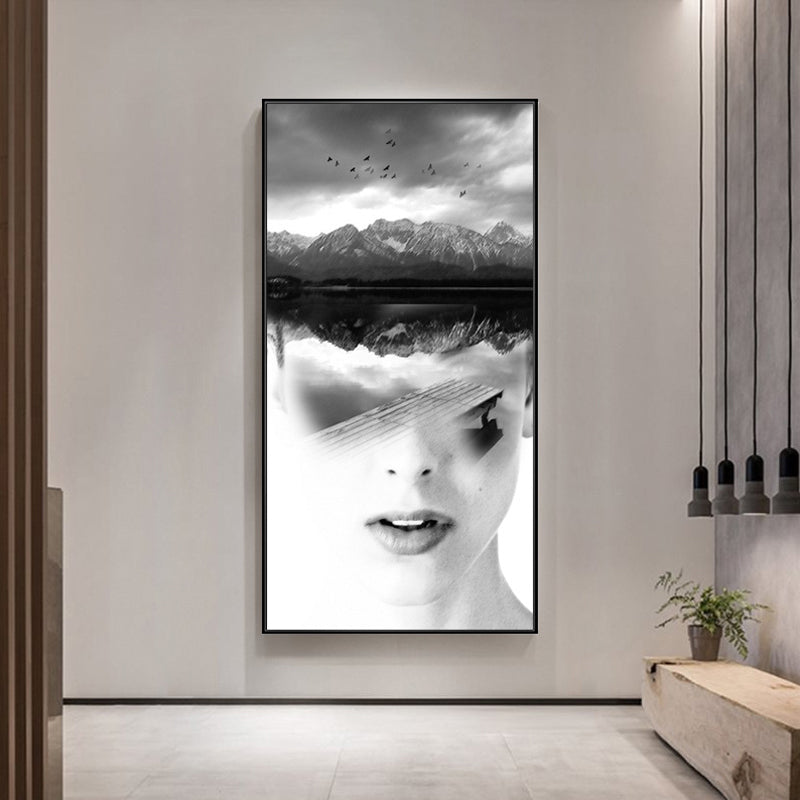 Canvas Soft Color Painting Contemporary Girl and Misty Hills Scene Wall Decor, Multiple Sizes White Clearhalo 'Art Gallery' 'Canvas Art' 'Contemporary Art Gallery' 'Modern' Arts' 1760748