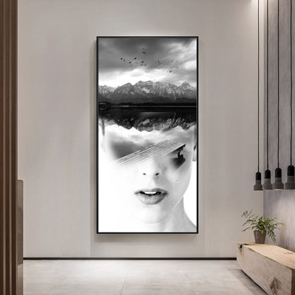 Canvas Soft Color Painting Contemporary Girl and Misty Hills Scene Wall Decor, Multiple Sizes White Clearhalo 'Art Gallery' 'Canvas Art' 'Contemporary Art Gallery' 'Modern' Arts' 1760748