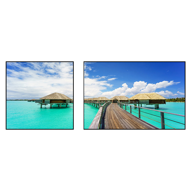 Tropics Sea Bridge Scenery Canvas Pastel Color Multi-Piece Wall Art Print for Living Room Clearhalo 'Art Gallery' 'Canvas Art' 'Contemporary Art Gallery' 'Modern' Arts' 1760755